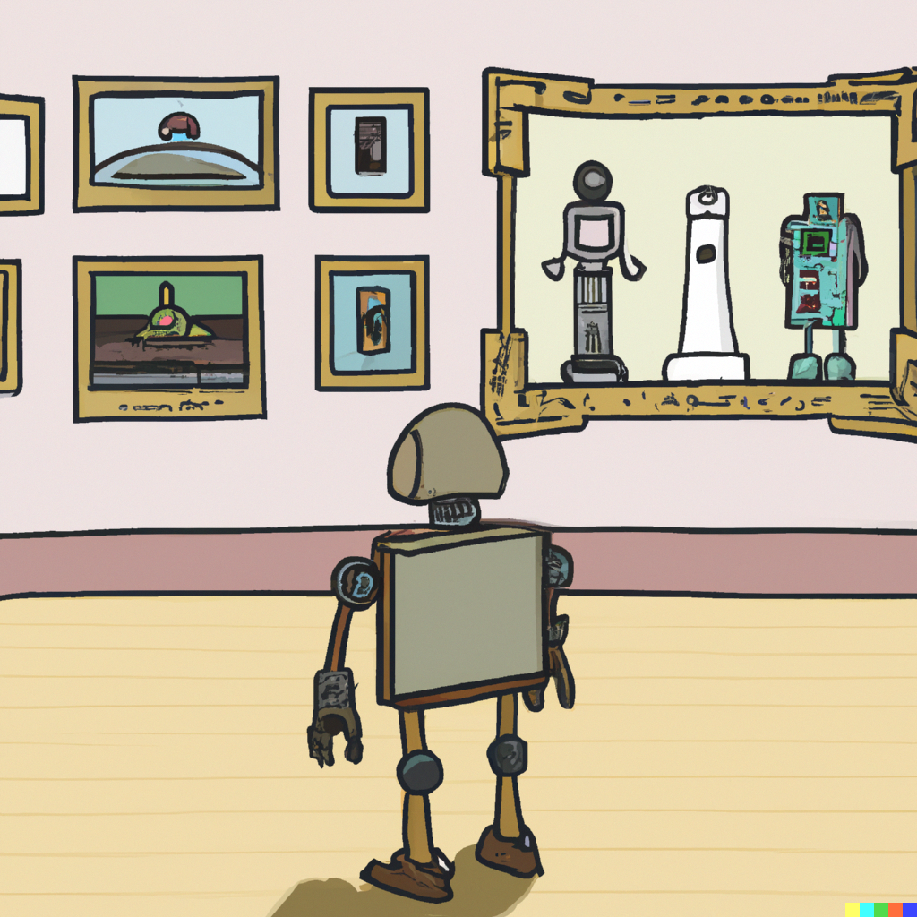 Little robot looking at art in a museum